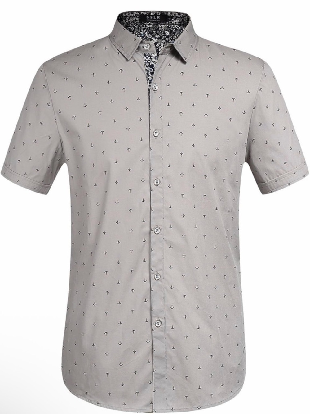 SSLR Short Sleeve Anchor-Print Button-Down Shirt in Light Gray